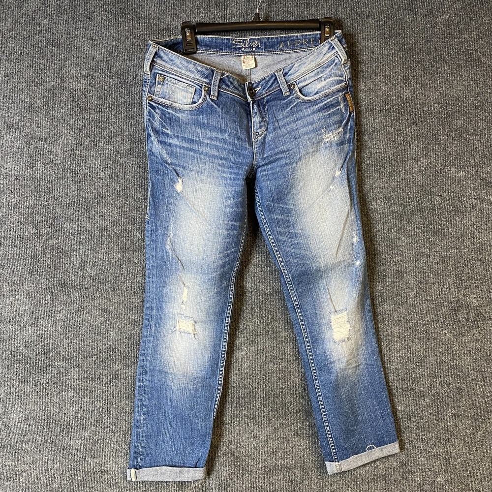 Silver Jeans Audrey Straight Leg Distressed Medium Wash Denim Women‎ Size 28